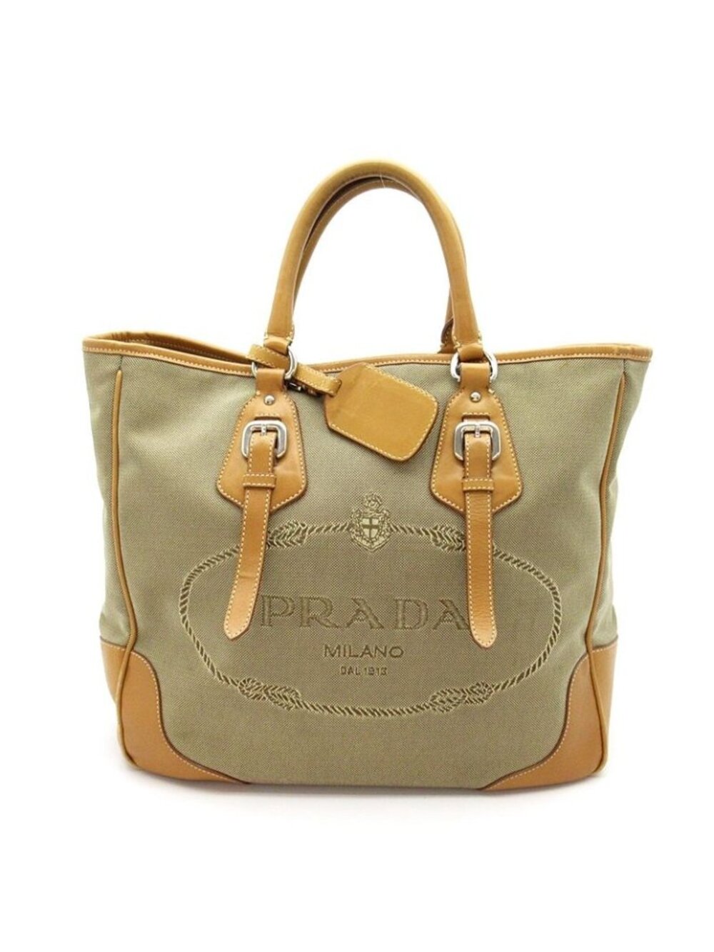 Prada Logo Jacquard Tote Canvas Leather Shoulder Bag Beige